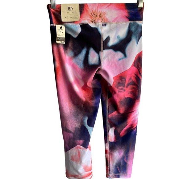 Live Love Dream Pink Womens Flowered Leggings Sz M No Sweat Water Wicking Tech - Picture 3 of 12